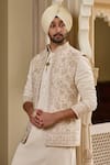 Buy_Tarun Tahiliani_Ivory Poplin, Lycra, Cotton Embroidery, Pearls Waistcoat Kurta Set _Online_at_Aza_Fashions