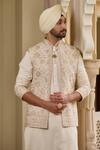 Shop_Tarun Tahiliani_Ivory Poplin, Lycra, Cotton Embroidery, Pearls Waistcoat Kurta Set _Online_at_Aza_Fashions