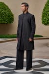 Shop_Tarun Tahiliani_Black Georgette, Cotton, Jacquard Embroidery, Diamonds Sherwani Trouser Set _Online_at_Aza_Fashions