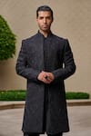 Buy_Tarun Tahiliani_Black Georgette, Cotton, Jacquard Embroidery, Diamonds Sherwani Trouser Set 