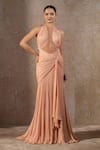 Buy_Tarun Tahiliani_Pink Chiffon Pearls Halter Neck Gown _at_Aza_Fashions