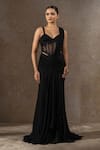 Buy_Tarun Tahiliani_Black Chiffon Embroidery, Sequins Sweetheart Neck, Corset And Concept Saree Set _at_Aza_Fashions