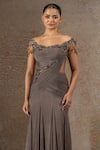 Tarun Tahiliani_Gray Chiffon Sequins, Beads Off-shoulder Hand Embroidered Gown _Online_at_Aza_Fashions