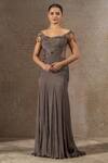Buy_Tarun Tahiliani_Gray Chiffon Sequins, Beads Off-shoulder Hand Embroidered Gown _at_Aza_Fashions