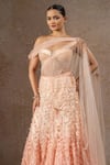 Tarun Tahiliani_Peach Tulle, Net Pearls, Sequins, Embroidery, Fabric Corset And Lehenga Saree Set _Online_at_Aza_Fashions