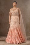 Buy_Tarun Tahiliani_Peach Tulle, Net Pearls, Sequins, Embroidery, Fabric Corset And Lehenga Saree Set _at_Aza_Fashions