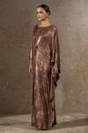 Shop_Tarun Tahiliani_Brown Jersey Embroidery, Brooches, Beads, Foil Printing Boat Neck Draped Dress _Online_at_Aza_Fashions