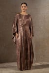 Buy_Tarun Tahiliani_Brown Jersey Embroidery, Brooches, Beads, Foil Printing Boat Neck Draped Dress _at_Aza_Fashions