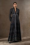 Buy_Tarun Tahiliani_Black Chiffon, Tulle, Net Stones, Mosaic Embroidered Jacket And Draped Dress Set _at_Aza_Fashions