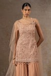 Buy_Tarun Tahiliani_Pink Net, Tulle Embroidery, Beads, Crystals Round Kurta And Jacquard Sharara Set _Online_at_Aza_Fashions