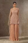 Buy_Tarun Tahiliani_Pink Net, Tulle Embroidery, Beads, Crystals Round Kurta And Jacquard Sharara Set _at_Aza_Fashions