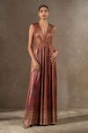 Buy_Tarun Tahiliani_Orange Jersey Crystals V-neck Foil Paisley Print Jumpsuit _at_Aza_Fashions