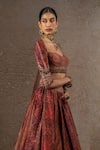 Tarun Tahiliani_Red Chanderi, Silk Stones, Beads, Embroidery, Geometric Jaal Print Lehenga Set  _Online_at_Aza_Fashions