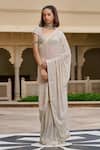 Buy_Tarun Tahiliani_Ivory Tulle Pearls, Metallic Thread, Embroidery Sweetheart Neck And Saree Set _at_Aza_Fashions