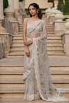 Buy_Tarun Tahiliani_Ivory Tulle, Lace Sequins, Beads, Metallic Thread, And Saree With Blouse _at_Aza_Fashions