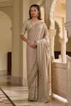 Buy_Tarun Tahiliani_Gold Dupion, Silk, Georgette Embroidery, Sequins, Kashida Saree And Blouse Set _at_Aza_Fashions