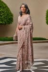 Buy_Tarun Tahiliani_Blush Lace Pearls, Embroidery, Crystals, French Floral Saree And Blouse Set _at_Aza_Fashions