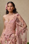 Tarun Tahiliani_Pink Tulle Crystals, Beads, Floral Pattern Pre-draped Saree And Corset Set _Online_at_Aza_Fashions