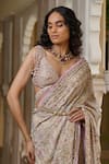 Tarun Tahiliani_Beige Georgette Beads, Pearls, Sequins, Kashida Embroidered Saree And Blouse Set _Online_at_Aza_Fashions