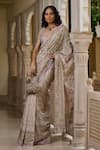 Buy_Tarun Tahiliani_Beige Georgette Beads, Pearls, Sequins, Kashida Embroidered Saree And Blouse Set _Online_at_Aza_Fashions