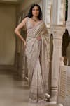 Buy_Tarun Tahiliani_Beige Georgette Beads, Pearls, Sequins, Kashida Embroidered Saree And Blouse Set _at_Aza_Fashions
