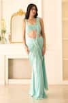 Shop_Richa Jaisinghani Label_Aqua Georgette Sequins, Beads, Amira Embellished Pre-draped Saree And Blouse Set _Online_at_Aza_Fashions