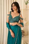 Richa Jaisinghani Label_Teal Georgette Beads, Sequins, Embroidery Mirage Pre-draped Saree And Blouse Set _Online_at_Aza_Fashions