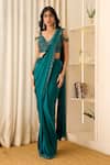 Buy_Richa Jaisinghani Label_Teal Georgette Beads, Sequins, Embroidery Mirage Pre-draped Saree And Blouse Set _Online_at_Aza_Fashions