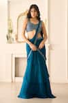 Buy_Richa Jaisinghani Label_Teal Georgette Sequins, Beads, Serena Embellished Pre-draped Saree And Blouse Set _at_Aza_Fashions