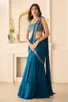 Richa Jaisinghani Label_Teal Georgette Sequins, Beads, Serena Embellished Pre-draped Saree And Blouse Set _Online_at_Aza_Fashions