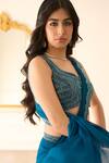 Buy_Richa Jaisinghani Label_Teal Georgette Sequins, Beads, Serena Embellished Pre-draped Saree And Blouse Set _Online_at_Aza_Fashions