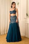 Richa Jaisinghani Label_Teal Georgette Beads, Embroidery Mia Embellished One Shoulder Blouse And Skirt Set _Online_at_Aza_Fashions