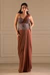 Richa Jaisinghani Label_Brown Georgette Sequins, Umber Embellished Corset Blouse And Pre-draped Saree Set _Online_at_Aza_Fashions