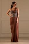 Buy_Richa Jaisinghani Label_Brown Georgette Sequins, Umber Embellished Corset Blouse And Pre-draped Saree Set _at_Aza_Fashions