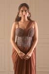 Shop_Richa Jaisinghani Label_Brown Georgette Sequins, Umber Embellished Corset Blouse And Pre-draped Saree Set _Online_at_Aza_Fashions