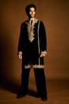 Shop_Punit Balana_Black Velvet, Cotton, Lycra Embroidery Marodi Kurta Set _at_Aza_Fashions