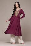Buy_Ritu Kumar_Maroon Viscose, Silk Embroidery Split V-neck A-line Kurta With Inner _Online_at_Aza_Fashions