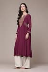 Ritu Kumar_Maroon Viscose, Silk Embroidery Split V-neck A-line Kurta With Inner _at_Aza_Fashions