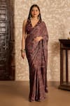 Buy_Akashi Clothing_Brown Modal, Satin Embroidery, Stones V-neck Ajrakh Print Saree With Blouse _at_Aza_Fashions