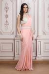 Buy_Mandira Wirk Resort_Peach Chiffon Beads, Sequins, Pearls Pre-draped Saree With Embellished Blouse 