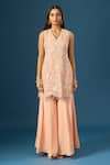 Samyukta Singhania Peach Crepe, Silk, Organza Embroidery, Tassels, Metallic Hand Kurta Sharara Set at Aza Fashions Samyukta Singhania_Peach Crepe, Silk, Organza Embroidery, Tassels, Metallic Hand Kurta Sharara Set _at_Aza_Fashions