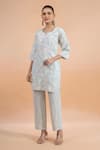Buy_Naintara Bajaj_Sky Blue Linen Embroidery, Lace Round Neck, Split Kurta And Pant Set _at_Aza_Fashions