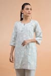 Naintara Bajaj_Sky Blue Linen Embroidery, Lace Round Neck, Split Kurta And Pant Set _Online_at_Aza_Fashions