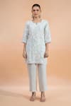 Buy_Naintara Bajaj_Sky Blue Linen Embroidery, Lace Round Neck, Split Kurta And Pant Set _Online_at_Aza_Fashions