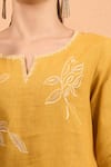 Naintara Bajaj_Mustard Linen Embroidery Split V-neck Kurta And Pant Set _Online_at_Aza_Fashions
