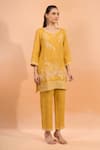 Shop_Naintara Bajaj_Mustard Linen Embroidery Split V-neck Kurta And Pant Set _Online_at_Aza_Fashions