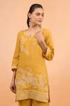Naintara Bajaj_Mustard Linen Embroidery Split V-neck Kurta And Pant Set _at_Aza_Fashions