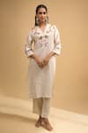 Buy Naintara Bajaj Beige Linen Embroidery V-neck Floral Kurta And Pant Set at Aza Fashions Buy_Naintara Bajaj_Beige Linen Embroidery V-neck Floral Kurta And Pant Set _at_Aza_Fashions