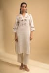 Buy Naintara Bajaj Beige Linen Embroidery V-neck Floral Kurta And Pant Set Online at Aza Fashions Buy_Naintara Bajaj_Beige Linen Embroidery V-neck Floral Kurta And Pant Set _Online_at_Aza_Fashions
