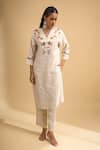 Shop Naintara Bajaj Beige Linen Embroidery V-neck Floral Kurta And Pant Set Online at Aza Fashions Shop_Naintara Bajaj_Beige Linen Embroidery V-neck Floral Kurta And Pant Set _Online_at_Aza_Fashions